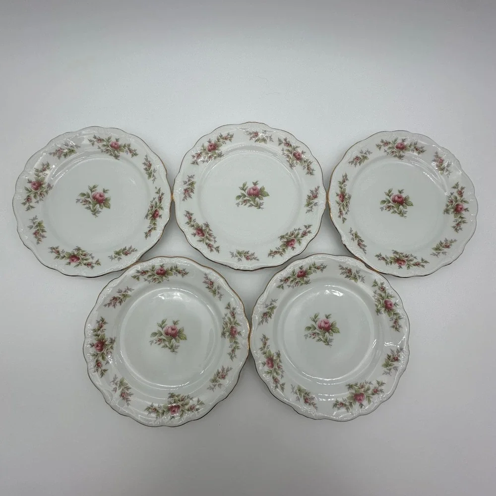 Johann Haviland Bavaria Moss Rose Bread and Butter Plates Set of 5 Gold Trim